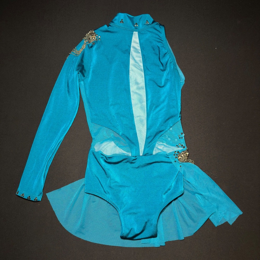 Dance Leotard Kids XS Turquoise Spandex Beaded Fringe Lyrical Costume